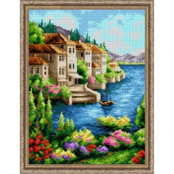 Orchidea Landscape With Flowers & Boat Needlepoint Canvas