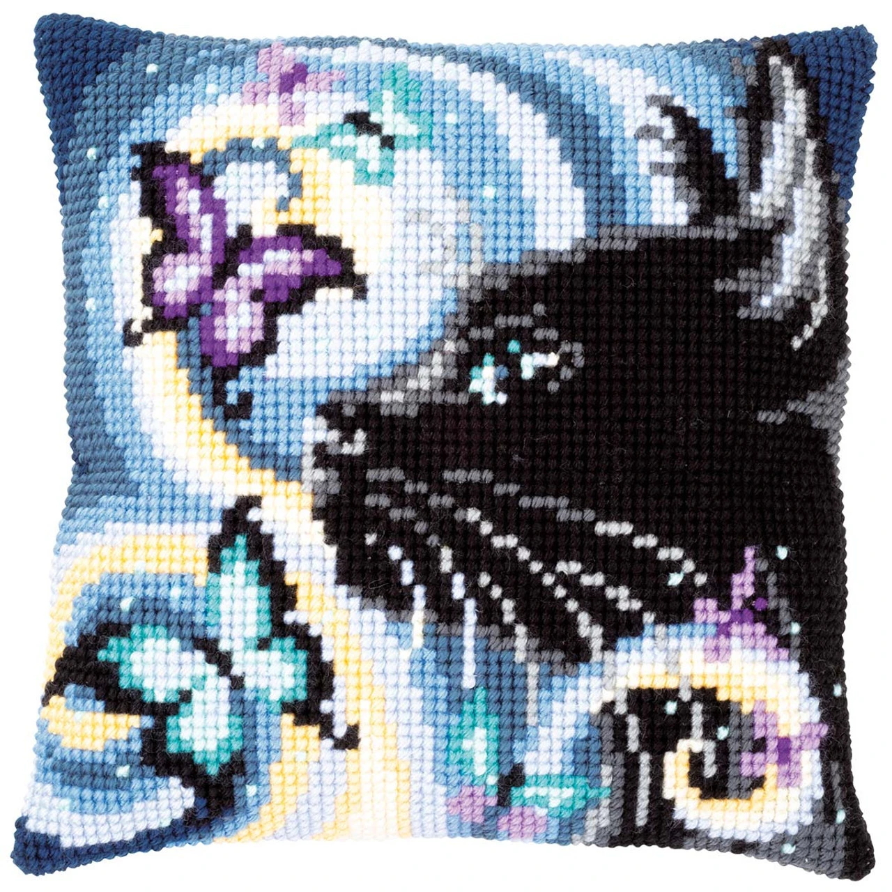 Vervaco Cat With Butterflies Pillow Cover Needlepoint Kit