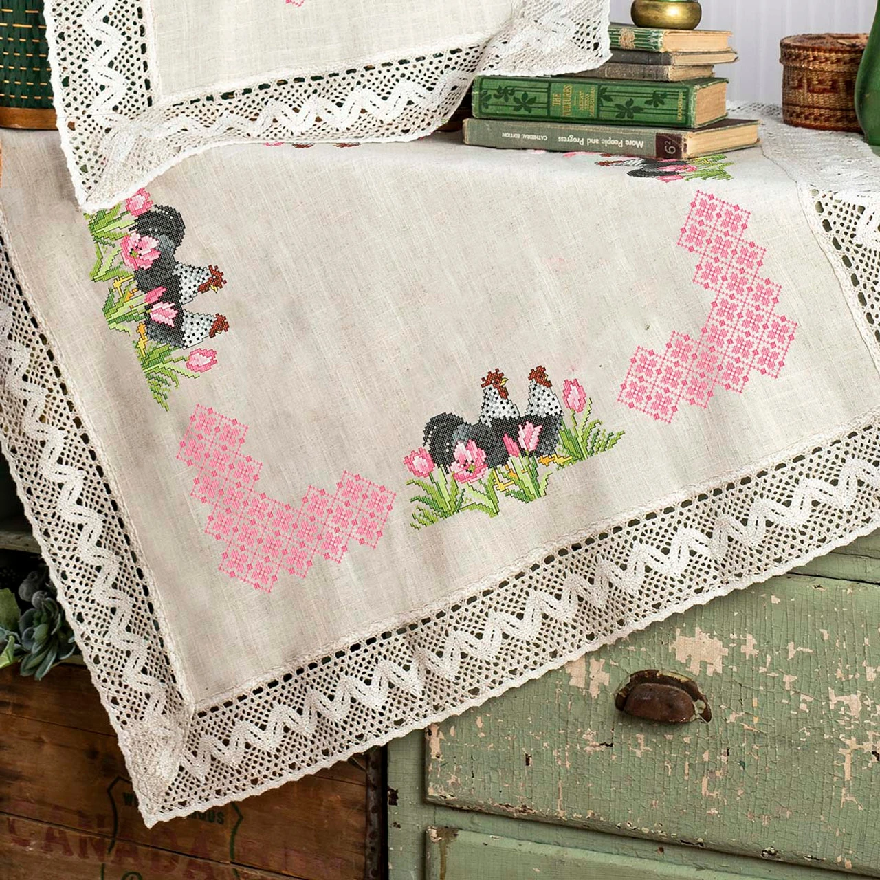 Nob Hill Roosters Table Topper Stamped Cross-Stitch