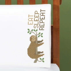 Herrschners Sleeping Sloth Pillowcase Pair Stamped Cross-Stitch