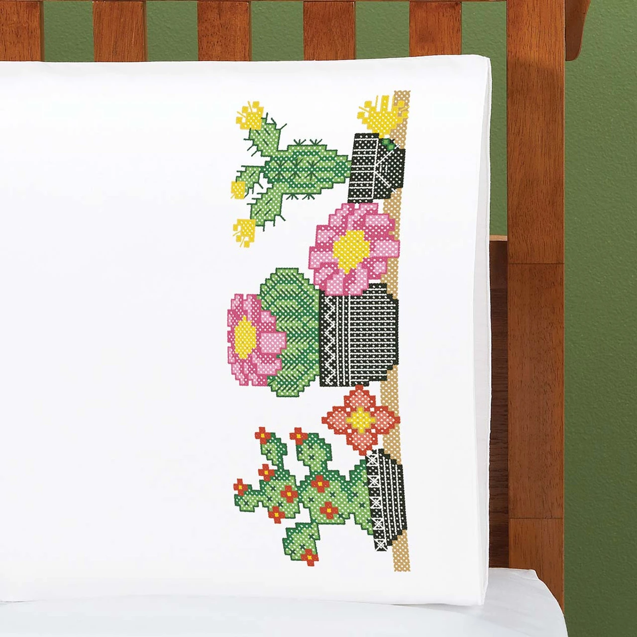 Herrschners Succulent & Floral Pillowcase Pair Stamped Cross-Stitch