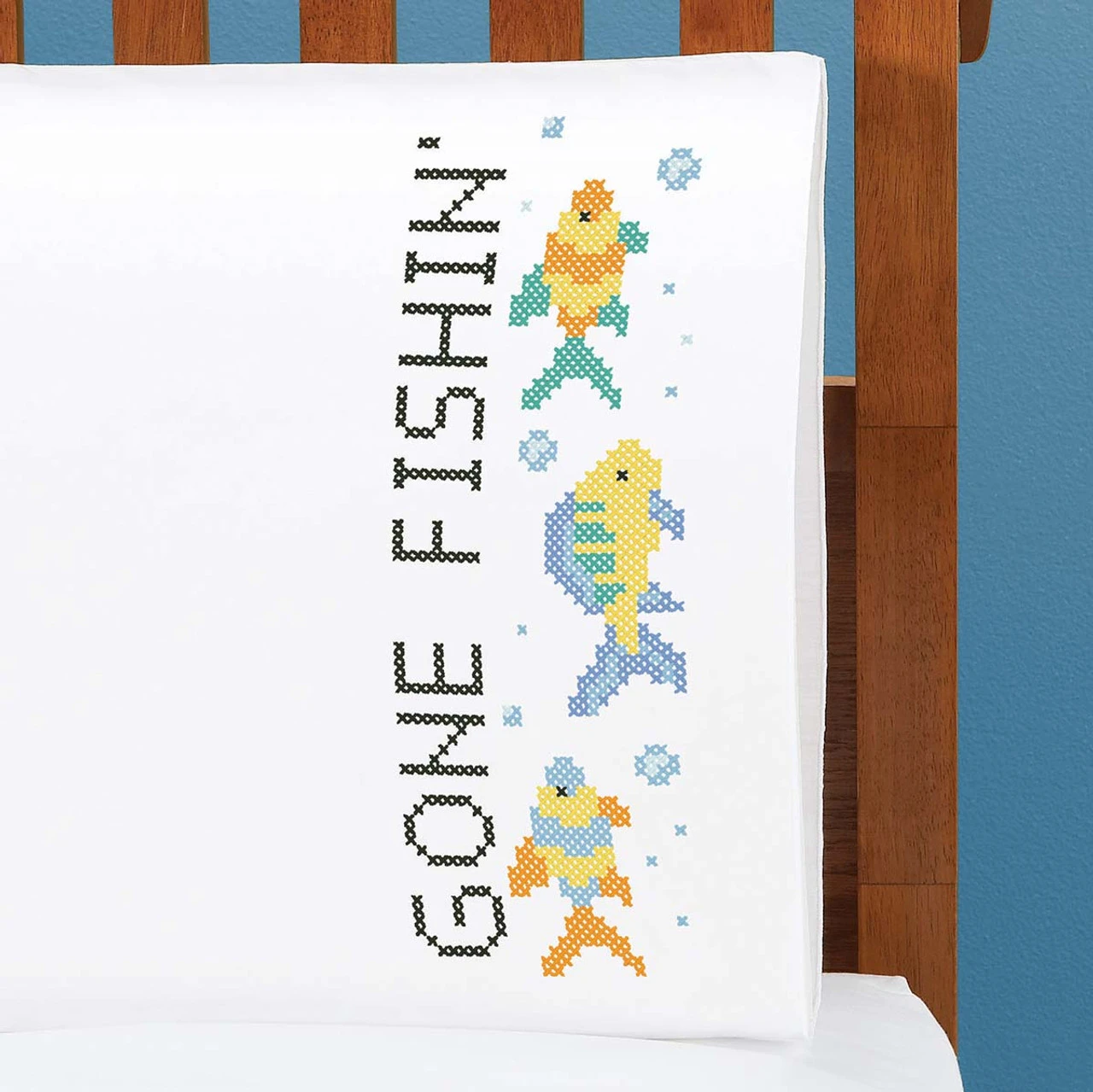Herrschners Gone Fishin Pillowcase Pair Stamped Cross-Stitch