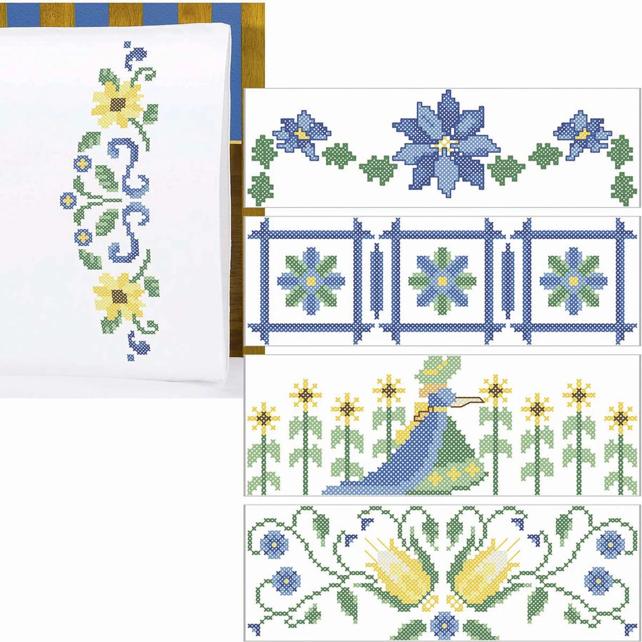 Herrschners Yellow & Blue Beauties Pillowcases Stamped Cross-Stitch