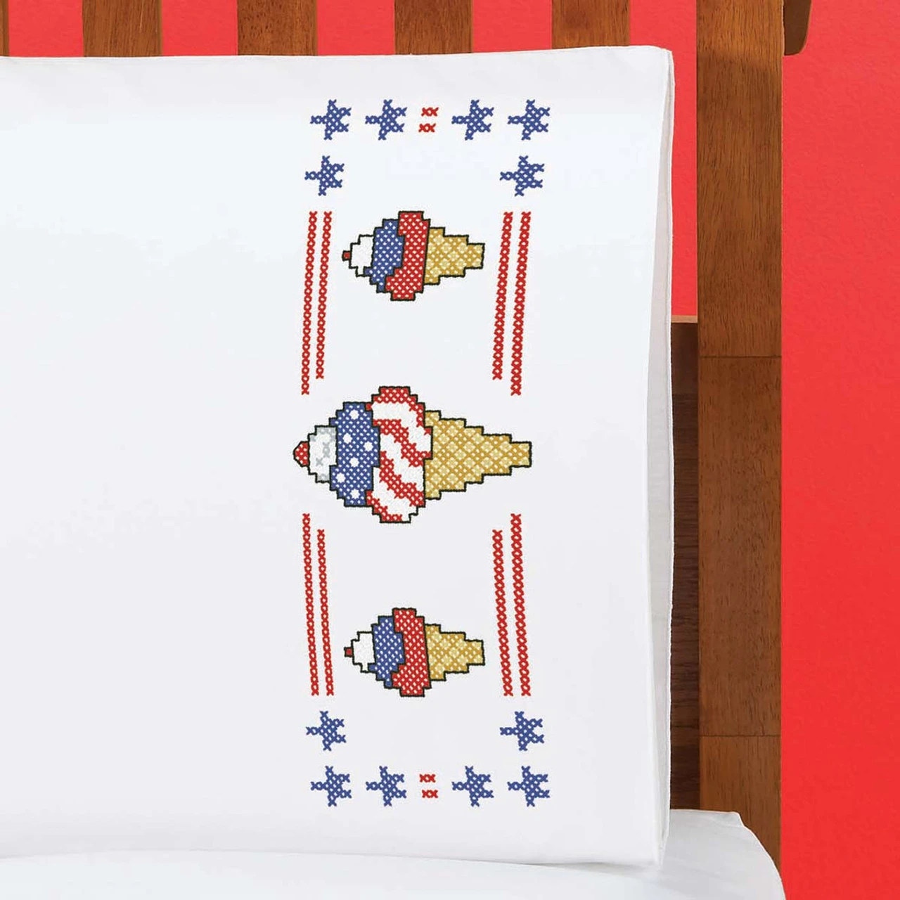 Herrschners Patriotic Ice Cream Pillowcase Pair Stamped Cross-Stitch