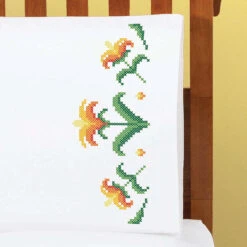Herrschners Sunset Floral Pillowcase Pair Stamped Cross-Stitch