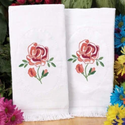 Herrschners Roses Are Red Terry Towel Pair Stamped Embroidery
