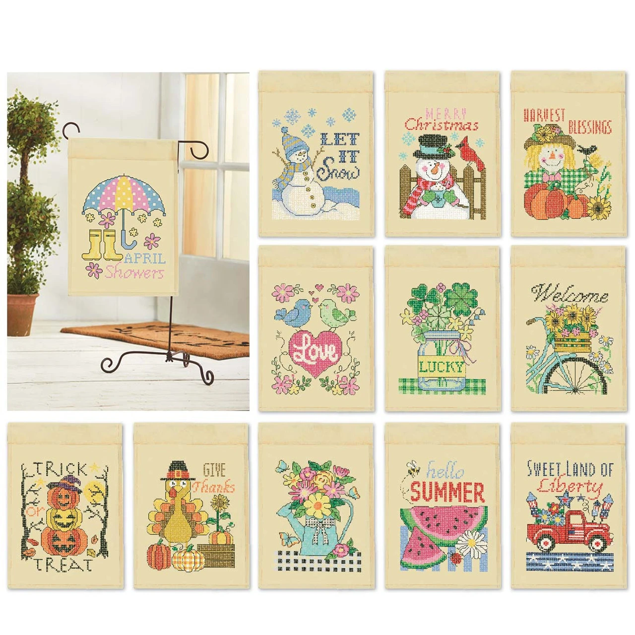 Herrschners Monthly Porch Flags With FREE Stand Stamped Cross-Stitch