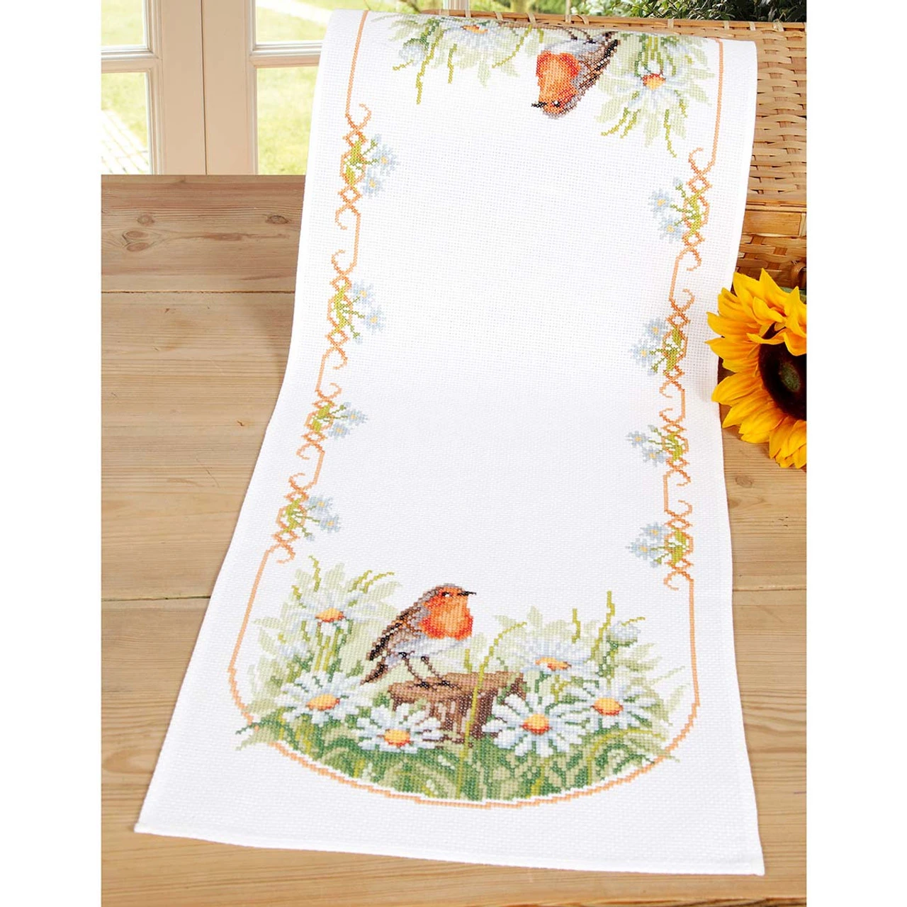 Vervaco Daisies & Robin Table Runner Counted Cross-Stitch Kit - Image 2
