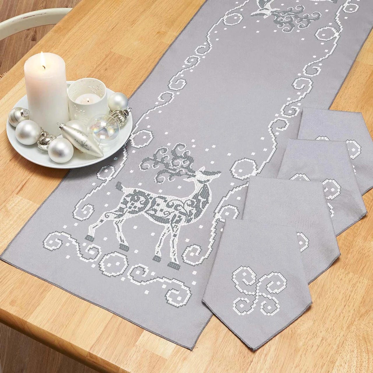 Herrschners Regal Reindeer Table Runner & Napkins Stamped Cross-Stitch