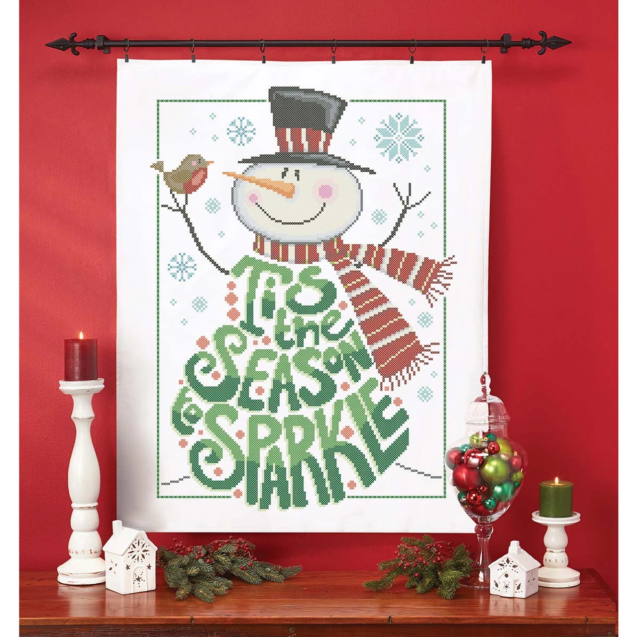 Herrschners Tis The Season To Sparkle Lap Quilt Top Stamped Cross-Stitch Kit