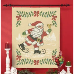 Herrschners Santa On Skates Lap Quilt Top Stamped Cross-Stitch Kit