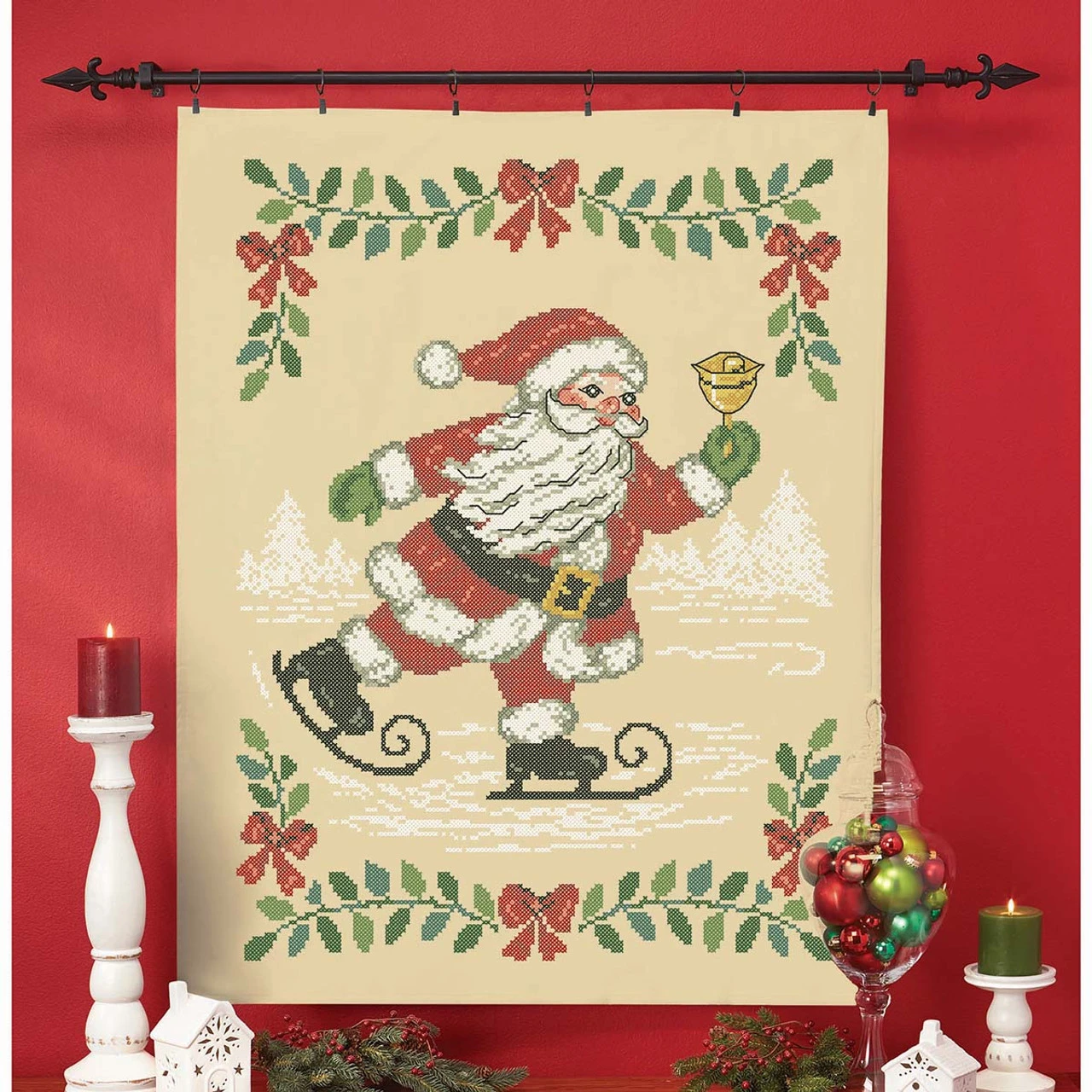 Herrschners Santa On Skates Lap Quilt Top Stamped Cross-Stitch Kit