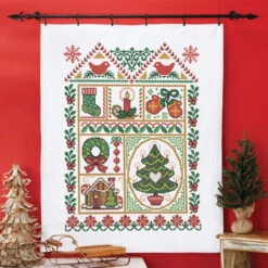 Herrschners Christmas Sampler Lap Quilt Top Stamped Cross-Stitch Kit