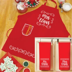 Herrschners Mr. & Mrs. Claus Apron & Towel Pair Set Stamped Cross-Stitch