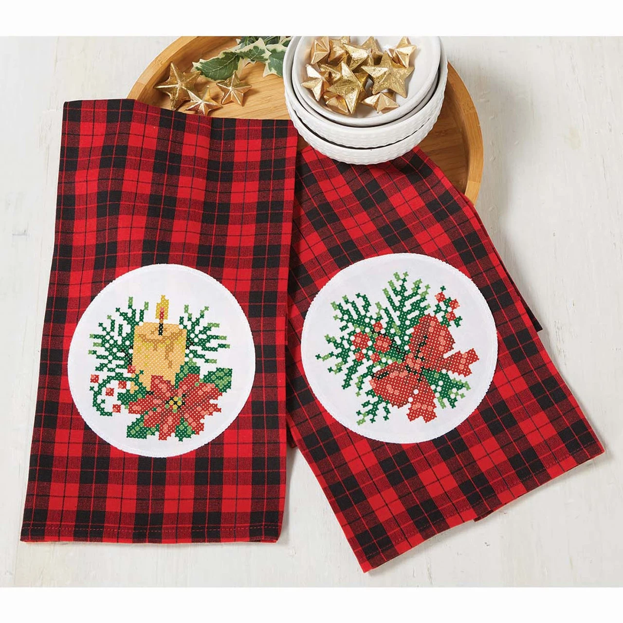 Herrschners Christmas Greenery Towel Pair Stamped Cross-Stitch